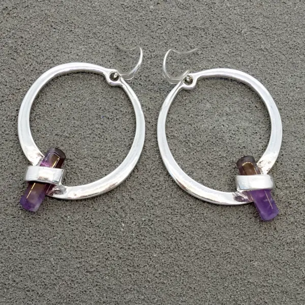 Raw Amethyst Prism Hoop Earrings