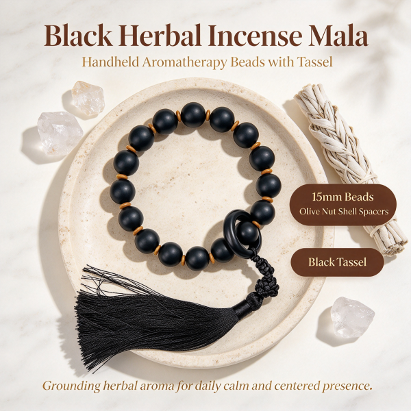 Handmade Black Ambergris & Sandalwood Meditation Beads with Tassel