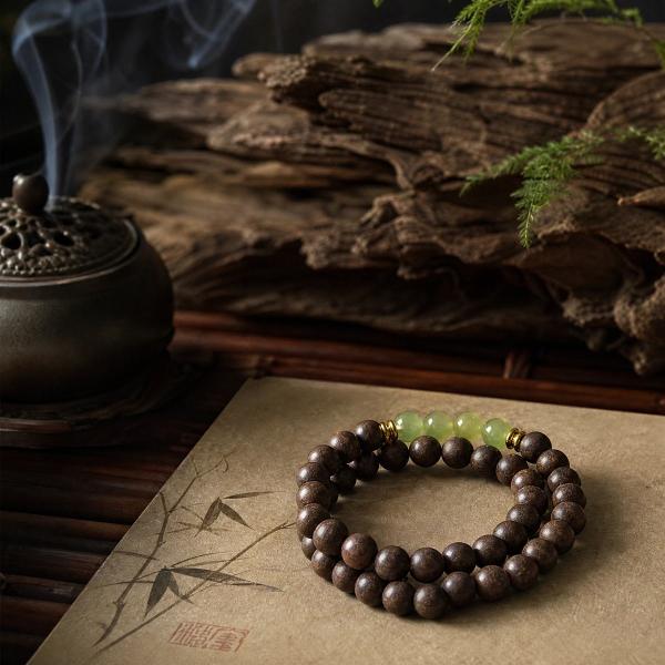 Handmade Four Treasures Agarwood & Green Jade Double-Wrap Bracelet