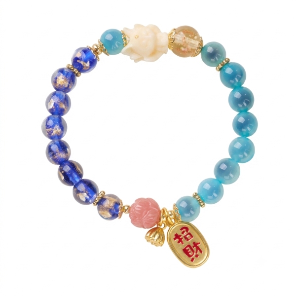The Water Element: Blue Lotus & Gold Blessing Charm Bracelet