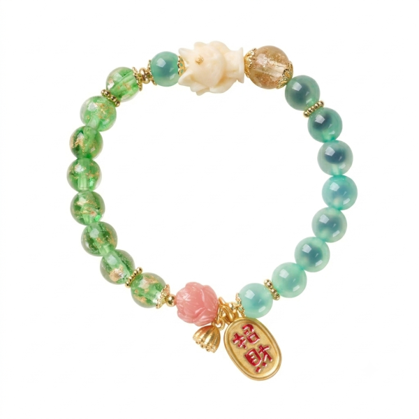 The Wood Element: Green Lotus & Gold Blessing Charm Bracelet