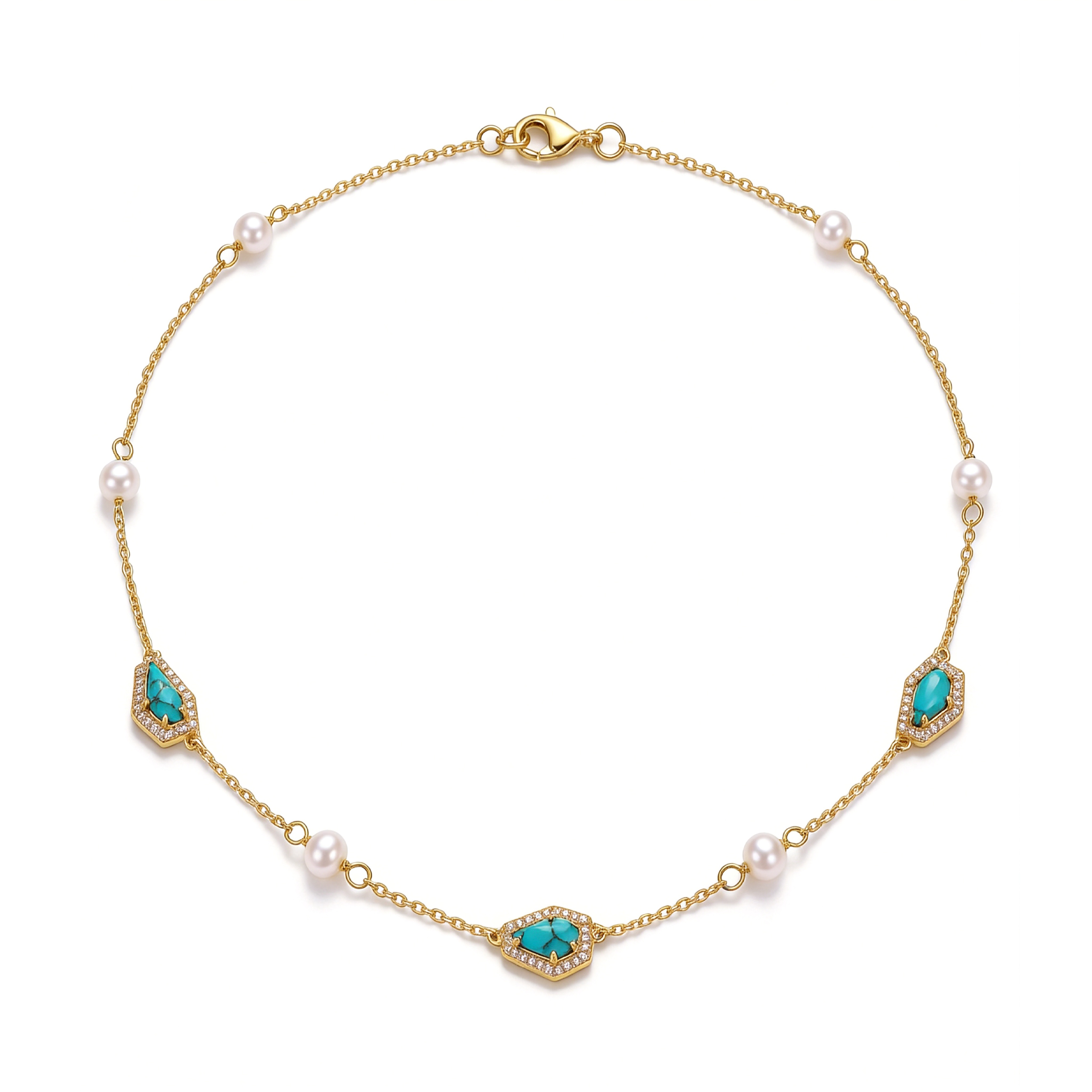Vintage Turquoise and Pearl Station Necklace in Gold Tone